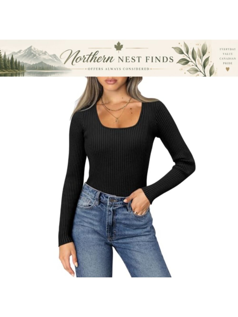 onlypuff Womens Square Neck Ribbed Knit Long Sleeve Tunic Tee Slim Fit